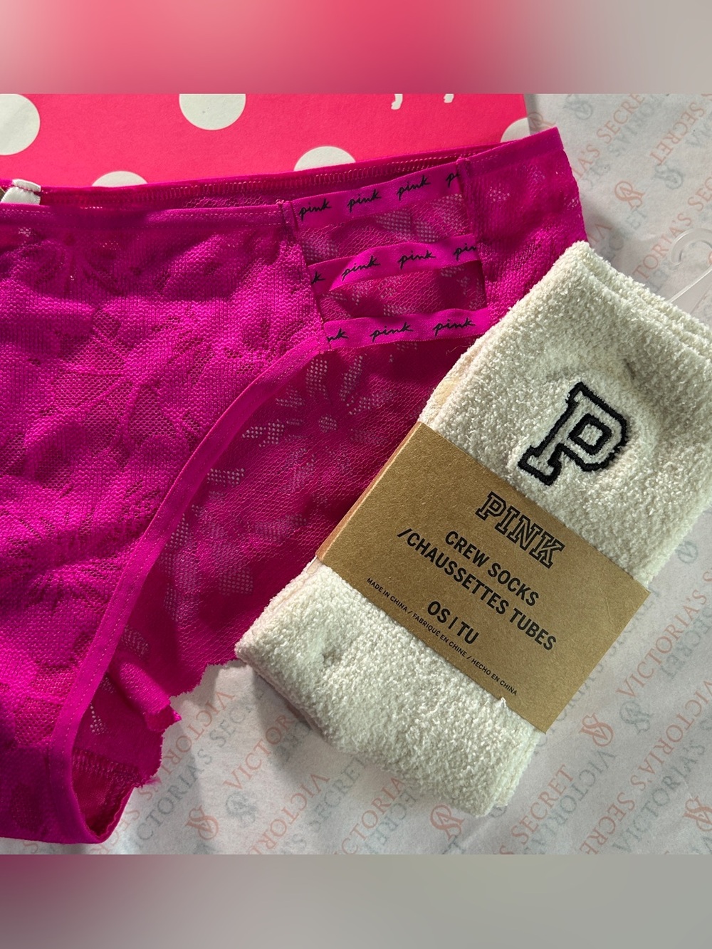 PINK Victoria's Secret Pink Lace Panty with cozy Cream Crew Socks